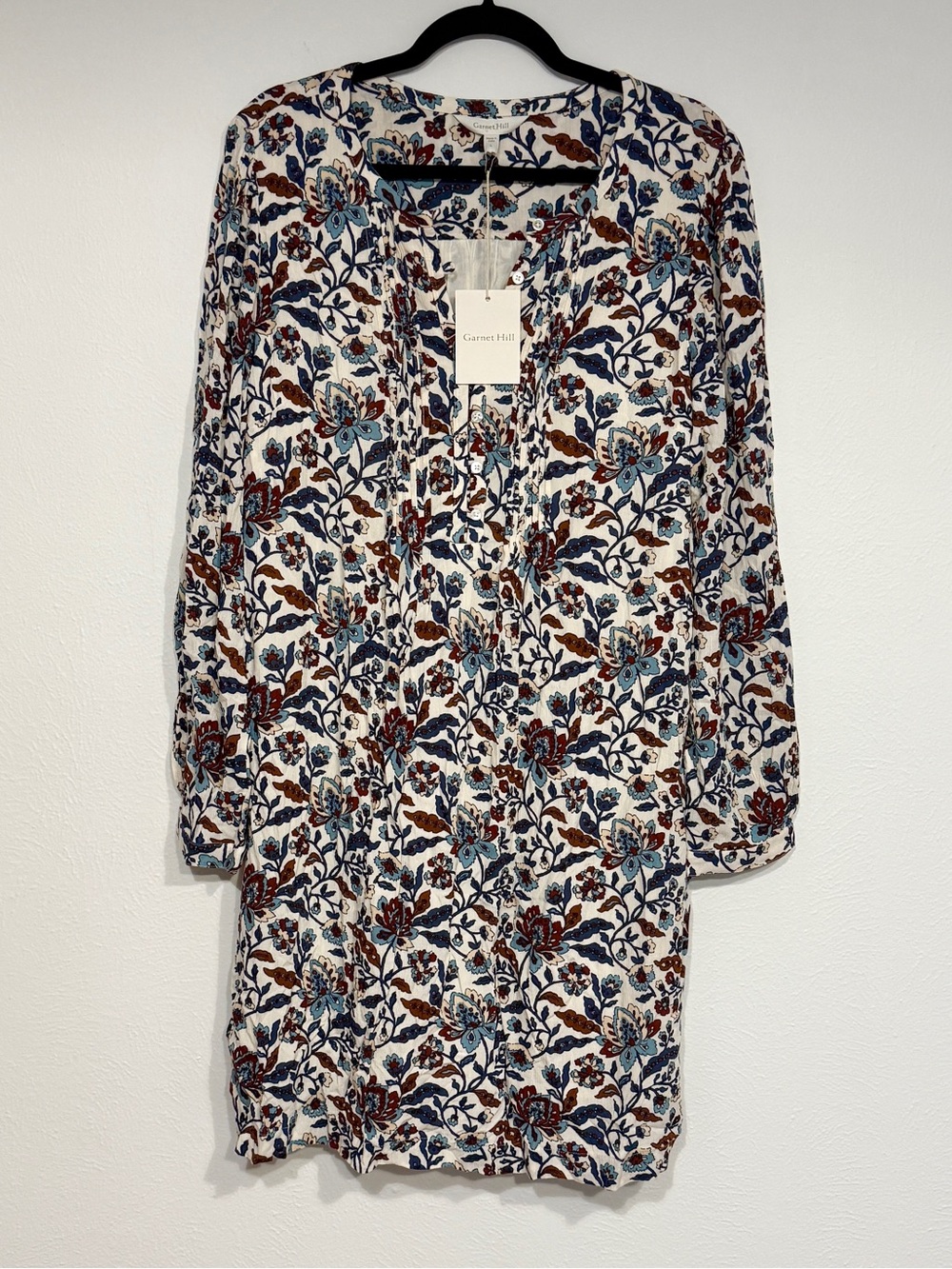 Garnet Hill White Floral Long-Sleeve Tunic Dress with Blue & Red Print Large